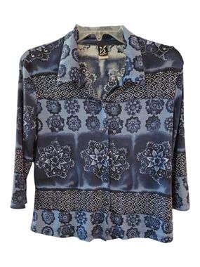 Vintage Perseption Blue Floral Geometric Pattern Stretch Button-Down Shirt-Sz L